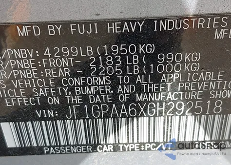 2016 Subaru Impreza 2.0I z USA, uszkodzony, nr VIN JF1GPAA6XGH292518